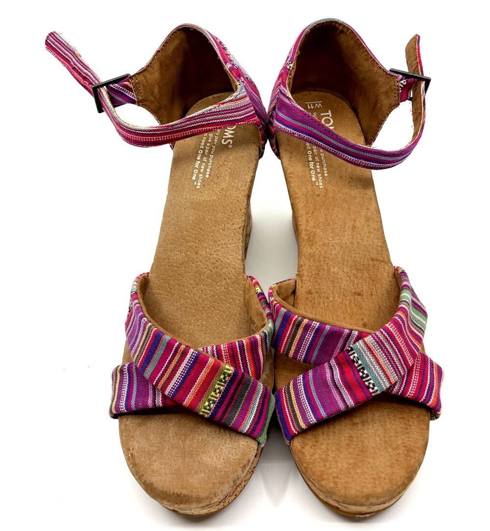 Size 11 | TOMS Women’s Colorful Madras Fabric Sienna Cork Wedge Sandal Shoes